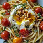 Pâtes au soleil : burrata, tomates confites et pignons