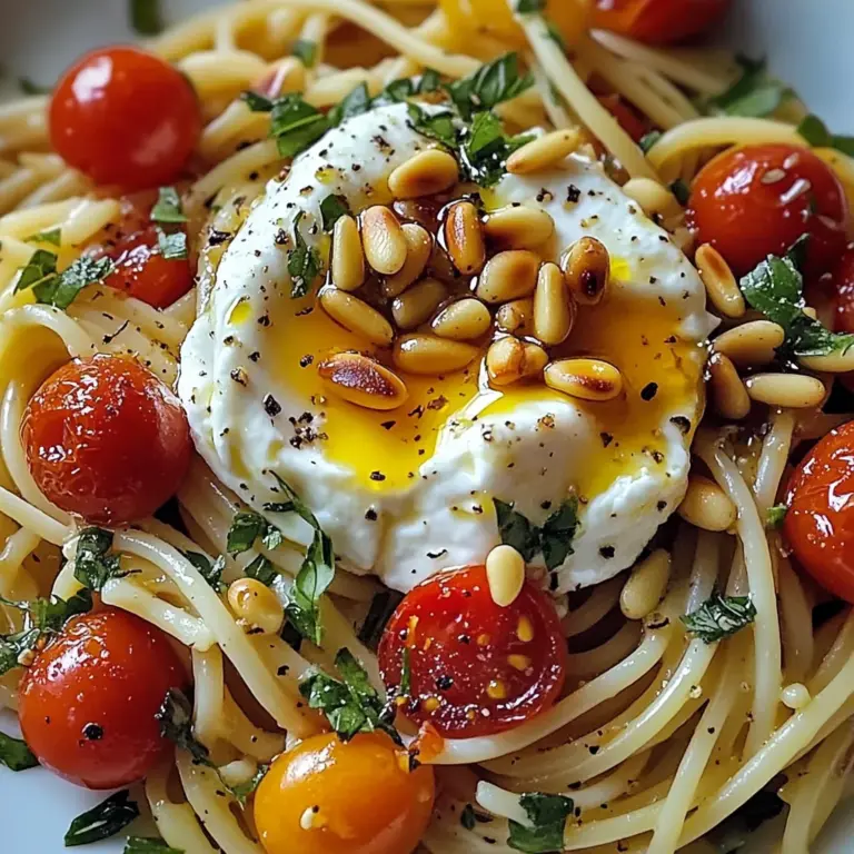 Pâtes au soleil : burrata, tomates confites et pignons